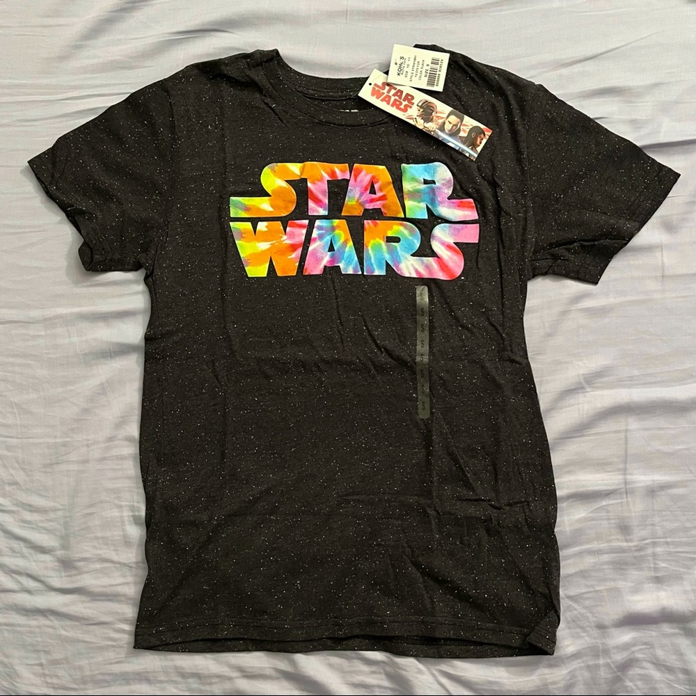Star Wars tie dye logo on soft speckled grey tee